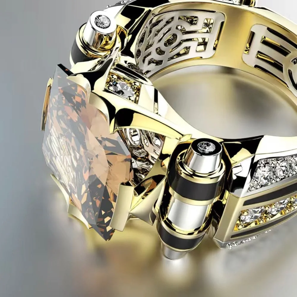 Men’s fashionable faceted champagne stone gold metal gentleman band ring NWT 12